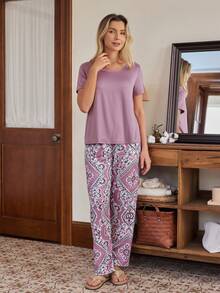 SHEIN 印花短袖长裤女士睡衣套装 - 彩色 - 查看 3