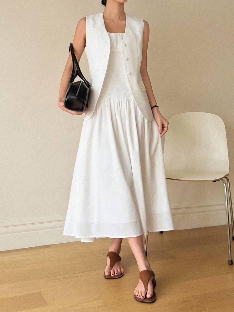 2pcs Women Solid Color Minimalist Sleeveless Jacket & Dress Set, Everyday Wear