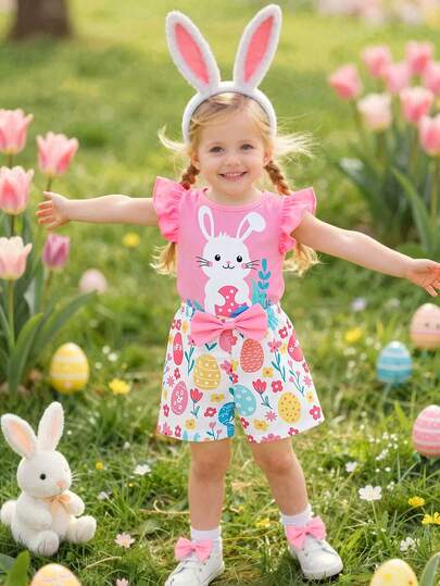 SHEIN Playful Pals 2pcs Toddler Girls' Easter Casual Knit Set, Floral Bunny Egg Print, Round Neck Sleeveless Pink T-Shirt + Matching Flower Egg Decor Shorts With Bow, Suitable For Girls' Casual Daily, School, Sports Outfit