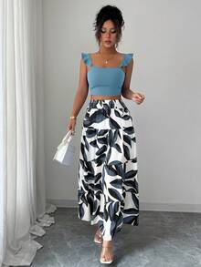 Elenzga Women's Ruffle Strap Backless Crop Top And Printed Flared Skirt 2-Piece Set - Baby Blue - View 5