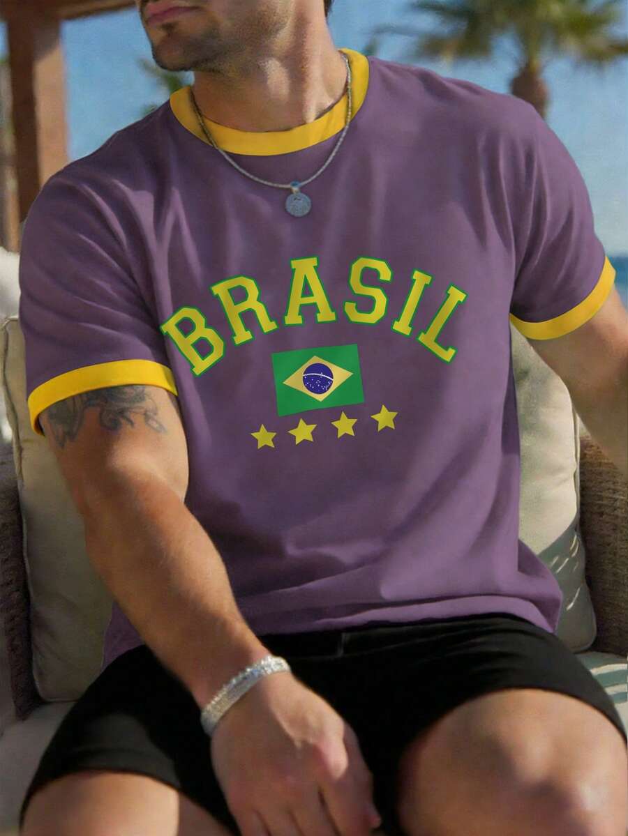 Genlund Men's Manfinity Hypemode Purple And Yellow Brazil Football Letter Print Patchwork Short Sleeve T-Shirt,Summer Streetwear Vacation Sports - Purple - View 1