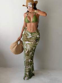 Swim SXY 3pcs Women Floral Print Bikini Set With Triangle Cup Bra Top And Long Skirt - Army Green - View 3