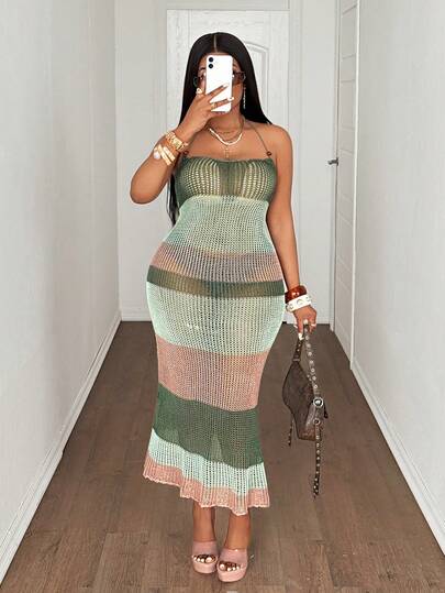 Maweii Women's Casual Simple Retro Sexy Elegant Date Valentine's Day Young Vacation Beach Design Sleeveless Low-Neck Halter Strap Wooden Bead Tie Striped Green Brown Colorblocked Waist-Defining Slimming Long Plus Size Knitted Dress, Spring Summer