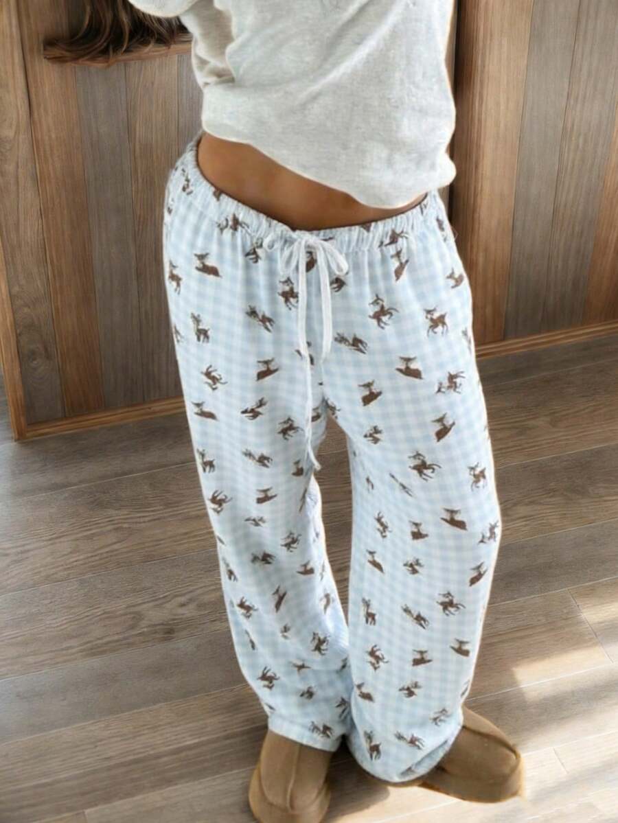 CovetEZ 女士抽绳腰带格子鹿纹阔腿宽松休闲裤 - 彩色 - 查看 1