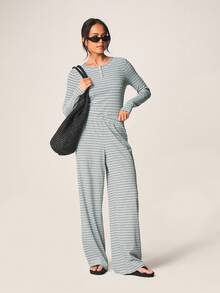 MISSGUIDED Ribbed Striped Long Sleeve Henley Button Up Bodysuit With Round Neck Classic Fitted Comfy Loungewear Essential - Multicolor - View 3