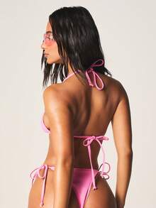 MISSGUIDED Conjunto de bikini triangular con cuentas, cuello de halter y Bottom con cordones laterales para vacaciones de verano en la playa y natación - Rosa Fucsia - Ver 2