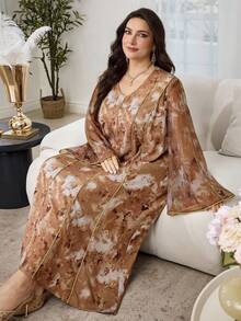 Al Najma Plus Size Women Marble Texture Patchwork Gold Stripe Dress, Spring - Multicolor - View 3