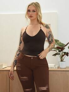 Arliah Brown Beaded Spaghetti Strap Tank Top For Ladies, Summer Tight Sexy Retro Cami Vest, Beach Holiday Sleeveless Top - Coffee Brown - View 3