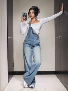 SHEIN PETITE Light Blue Casual Loose Fit Denim Bib Pants With Pockets - Light Wash - View 4