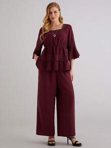 Parysyn Plus Size Women's Elegant Burgundy Lounge Set With Ruffled Tunic Top And Flowy Wide Leg Pants Comfortable Two Piece Outfit Ladies Casual Sets Blouse And Pants Set Wide Leg Pants Set Pants Suits For Woman Top And Pants Set For Women Tunic Tops For Women For Women Tunics For Women Lace Trim Top Lounge Sets For Women Pant Suits For Woman Pant Suit Set - Red Violet - View 4
