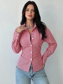 Firerie 女士蓝白条纹长袖衬衫，系带腰身，休闲通勤衬衫，度假衬衫，收腰条纹衬衫，适合春、夏、秋、冬四季穿着，优雅，度假风，波西米亚风，工作装 - 紅色 - 查看 5