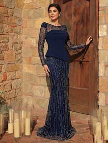 Serin Elegant Luxurious Navy Blue Beaded Puff Sleeve Sequin Floral Splice Stretchy Knit Mermaid Skirt, Suitable For Weddings, Parties, Vacations, Galas, Holidays, Mother Of The Bride Evening Gowns - Navy Blue - View 8