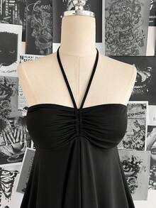 Attitoon Women's Solid Color Halter Tie Ruched Asymmetrical Hem Fashionable Versatile Blouse For Dates & Outings - Black - View 6