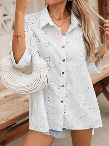 SHEIN VCAY Women Plain Button-Front Long Sleeve Casual Blouse - White - View 7