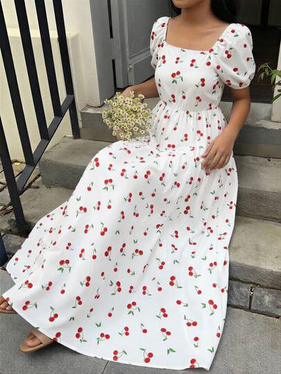 Reset Phase 1 pieza Vestido de manga abullonada larga con estampado digital de cerezas y cintura ceñida, adecuado para atuendo de uso diario