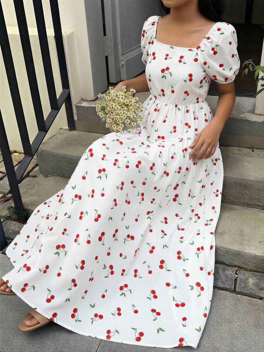 Reset Phase 1pc Girls Digital Cherry Print Long Puff Sleeve Waist Cinched Dress, Suitable For Daily Commute Outfit - White - View 1