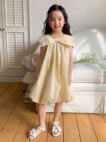 DAZY Young Girl Summer Minimalist Bubble Hem Sleeveless Dress - Apricot - View 3