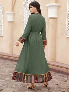 Al Najma Women's V-Neck Geometric Print Pleated Casual Party Dress, Arabic Traditional Style Embroidered Dresses For Women Women Dresses Green - Green - View 6