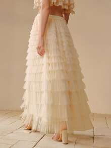 MOTF PREMIUM 多层撞色网纱裙 - 白色 - 查看 3