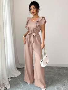 Elenzga 女士休闲优雅V领荷叶袖连体裤，适合春、夏、秋季穿着 - 粉色 - 查看 6