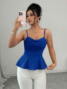 Elenzga Sleeveless Ruffled Collar Cinched Waist Elegant Romantic Women Tank Top - Royal Blue - View 1