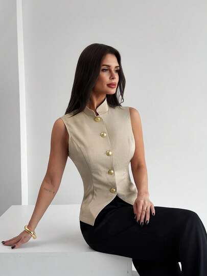 Firerie Khaki/Linen Sleeveless Mandarin Collar Metal Button Fitted Blazer, Women's Blouse Top, Elegant Casual Commute Office Outfit, Suitable For Teachers, Workplace, Vintage Style, Versatile