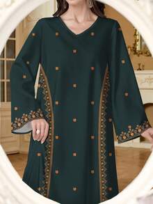 SHEIN Najma Đầm dài in hoa, cổ chữ V, tay dài, kiểu dáng thanh lịch phong cách Ả Rập dành cho nữ, mùa xuân/hè. - Nhiều màu - Xem 3