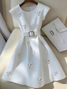 GlowEve New Arrival Summer High-End Elegant Luxury Unique Rhinestone Embellished Dress - White - View 1