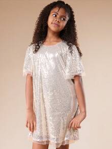 SUMWON 女童亮片荷叶袖迷你连衣裙，采用多层薄纱设计，适合特殊场合和派对庆祝活动 - 金色 - 查看 3