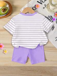 Bộ áo thun và quần short bó sát in họa tiết hoa và sọc phối màu cho bé gái, thích hợp cho mùa hè, đi học, ở nhà, hoạt động ngoài trời, trang phục mùa hè dễ thương cho bé gái, phong cách Hàn Quốc. - Nhiều màu - Xem 2