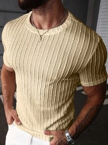 SLATEMANN Men's Solid Color Textured Crew Neck Short Sleeve Casual Versatile T-Shirt - Apricot - View 4