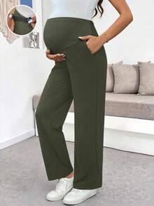 SHEIN Pantalones casuales rectos con bolsillo y cintura ajustable de unicolor para maternidad - Verde militar - Ver 3