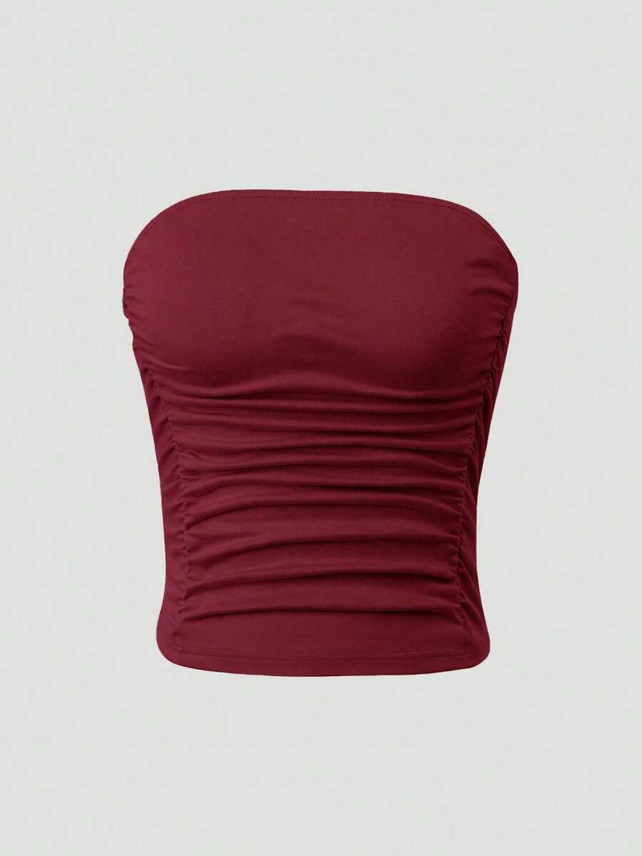 Sweetra Top bandeau fruncido de unicolor para mujer - Burdeos - Ver 1