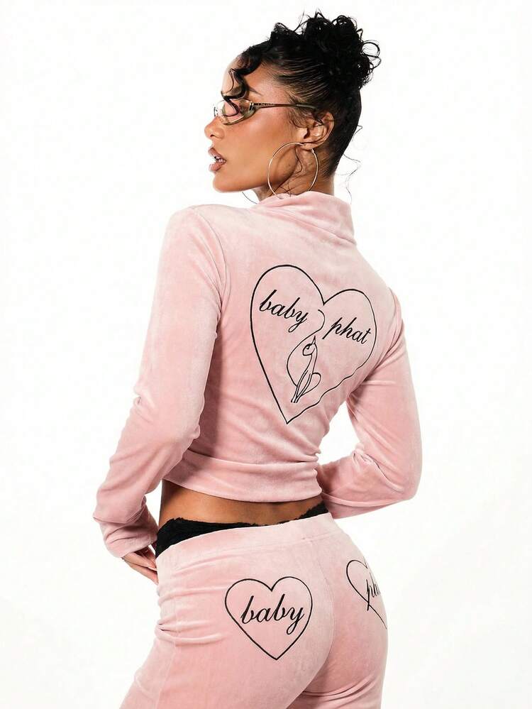 BABYPHAT Velour Funnel Neck Zip Up Sweatshirt For Women With Heart Graphic Design Cropped Length Long Sleeve Casual Top