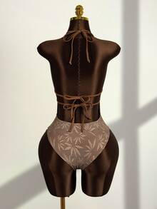 Zestiva 女士性感露背V领连体树叶印花串珠装饰沙滩度假泳衣 - 棕色 - 查看 2