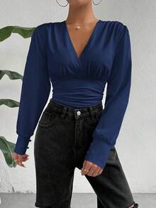 SHEIN Essnce 女士纯色交叉 V 领荷叶边长袖收腰紧身衣，时尚秋季 - 藏蓝色 - 查看 5