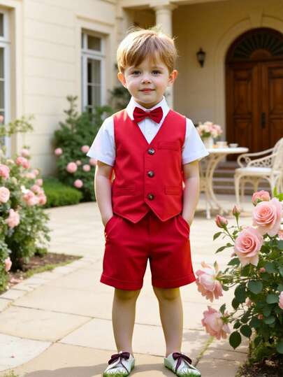 三件套男童绅士套装 - 包括领结、白色衬衫、酒红色马甲和条纹背带短裤。长度可调节。适合正式场合、生日、婚礼、万圣节、圣诞节、感恩节庆祝活动以及日常休闲穿着。