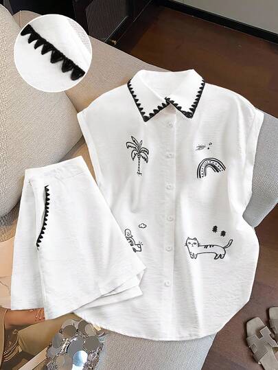 GlowEve Women's Elegant Commuting Casual Vacation Fashion Suit, Collared Short Sleeve Printed & Embroidered Contrast Trim Shirt With Embroidered Pocket Shorts, White Woven Sweet Home 2-Piece Set, Spring/Summer