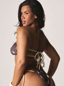 Missguided x Playboy Bandeau Bikini Set With Bunny Print And Ruched Side Tie Bottom Summer Swimwear Two Piece - Brown - View 3