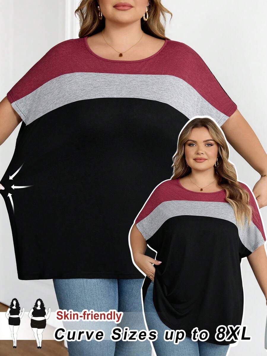 SHEIN CURVE+ Plus Colorblock Batwing Sleeve Tee, Summer 8xl Women Clothes Plus Size T-Shirts - Multicolor - View 1
