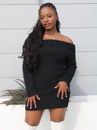 Steph T 灰色露肩翻领特殊领口长袖迷你宽松上衣紧身下装针织连衣裙，适合年轻女士，秋冬