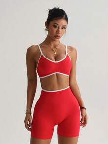 Dewbera 女士撞色滚边无袖舒适透气无缝瑜伽运动服套装 - 紅色 - 查看 5