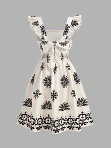 SHEIN 少女时尚休闲方领蝴蝶结露背荷叶边印花迷你袖假日休闲连衣裙，适合海滩、度假、约会等场合。 - 杏色 - 查看 5