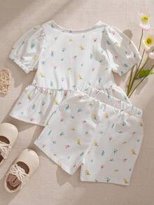 Souflis Souflis Bộ 2 món cho bé gái: Áo cổ tròn tay phồng viền bèo và quần short, kiểu Pháp, dễ thương và thoải mái, thích hợp cho đi chơi, đi học và nhiều dịp khác. - Nhiều màu - Xem 5