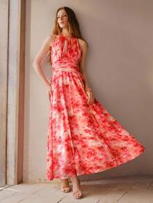 MOTF PREMIUM 女士优雅印花褶皱无袖连衣裙 - 紅色 - 查看 6