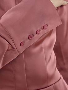 OverBlushhh Women's Mini Shirt Dress Raspberry Satin Long Sleeve Button Front Waist Fitted Pleated Elegant, Preppy, Chic, Work, Everyday, Valentine's Day, Valentine, Birthday, Date, Spring - Dusty Pink - View 5