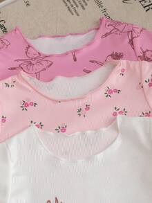 SHEIN Bộ 3 món đồ mùa hè cho bé gái, bộ đồ ngắn tay chấm bi phong cách thường ngày cho bé gái. - Nhiều màu - Xem 3