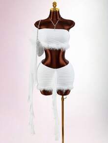 Amplova Conjunto de 2 piezas para mujer, top corto de un hombro de manga larga con textura esponjosa y minifalda ajustada con volantes, todo blanco, ropa de fiesta, otoño, estilo años 70, cumpleaños, Y2K - Blanco - Ver 8