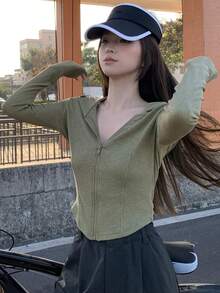 DAZY Teen Girls' Solid Color Long Sleeve Raglan Zip-Up Hoodie Jacket - Green - View 1