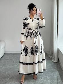 Elenzga Đầm mùa thu thanh lịch với họa tiết in dành cho nữ - Màu be - Xem 6